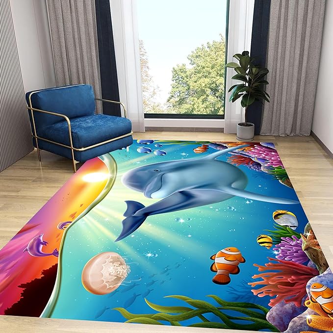 Blue Dolphin Area Rug for Bedroom, 8x10ft, Undersea Ocean Animal Print Indoor Carpet, Beach Tropical Fish Home Decor Playing Mat, Low Pile Breathable Non Shedding Rugs for Kids Room
