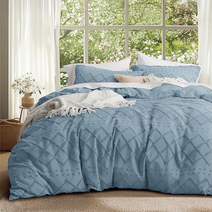 Bedsure Boho Cal King Duvet Cover - Mineral Blue Breathable & Soft Boho Bedding, Machine Washable Comforter Cover for All Seasons, Includes 1 Duvet Cover 104"x98" with 2 Pillow Shams & Zipper Closure
