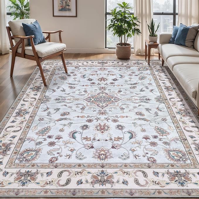 Tangsoo 5x7 Washable Area Rug, Non Slip Boho Persian Rug for Living Room Bedroom, Vintage Light Blue Floral Indoor Carpet, Soft Low Pile Mats for Bathroom Office Laundry Kid & Pets Friendly Home Decor