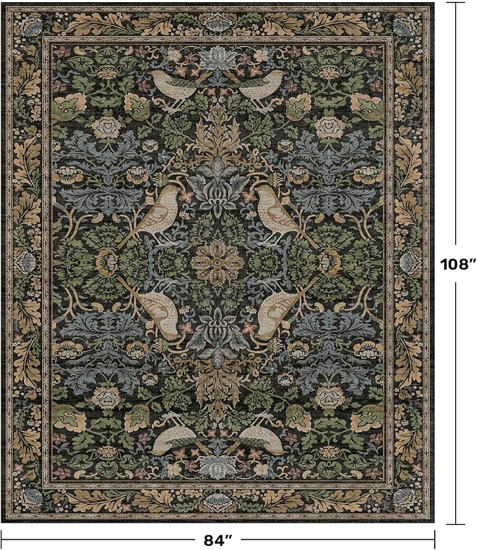 Washable Living Room Rug 7x9 - Dark Floral Nature Rugs for Bedroom, Dining Room Kitchen Table Rug for Under Table, Office, Stain Resistant Non-Slip Large - Brown/Dark Green