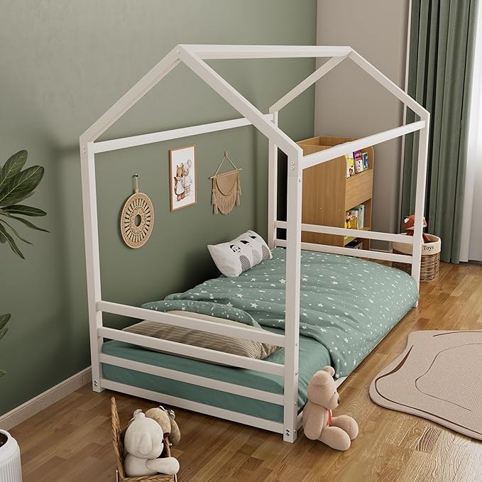 Harper & Bright Designs Twin Size Floor Bed Frame for Kids, House Bed with Roof and Guardrail, Metal Montessroi Floor Bed for Boys Girls, Easy Assemble, No Slats,White