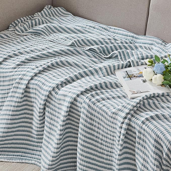 EMME Cotton Muslin Large Throw Blanket Couch Breathable Gauze Soft Lightweight Bed Blankets Adults (Striped Teal, 50"x70")