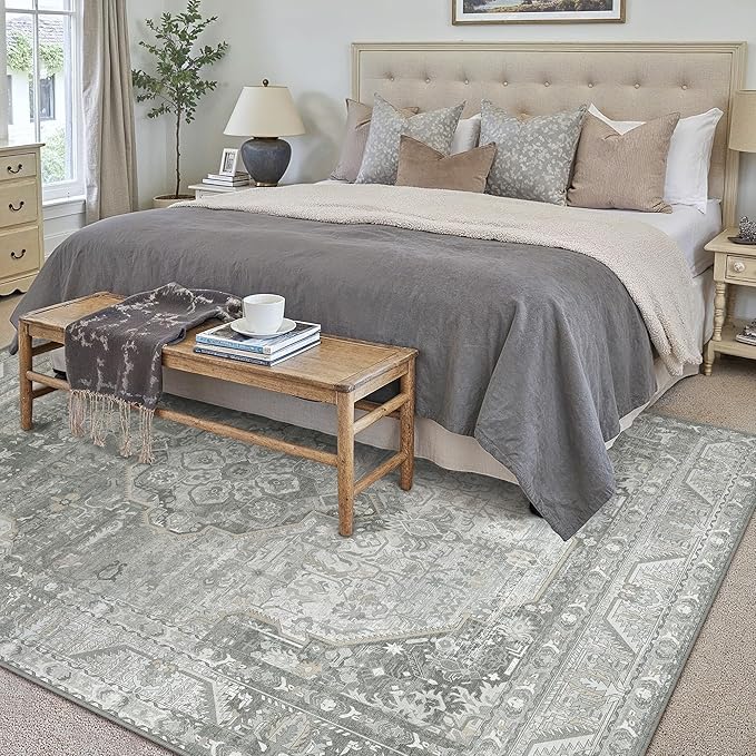 5x7 Grey Washable Vintage Area Rug for Living Room Bedroom Non Slip Distressed Traditional Soft Large Throw Rug Low Pile Lightweight Floral Carpet Office Classroom Dining Laundry Room