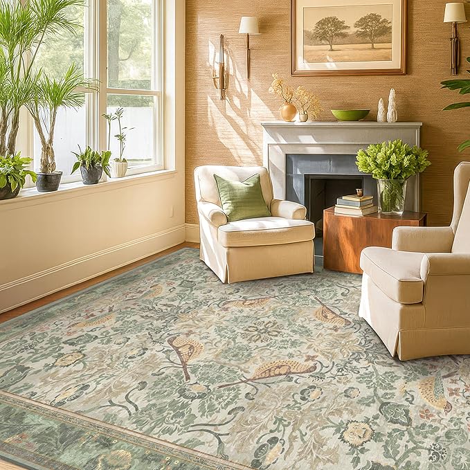 Washable Sage Green Area Rugs 5x7 for Living Room, Bedroom Bedside, Dinning Room, Office with Elegant Botanical Bird Pattern, Muted Green Non Slip Stain Resistant Low Pile French Country Decor