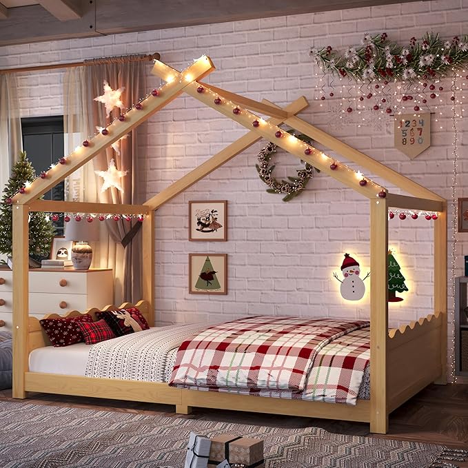 Full Size Wooden House Floor Bed - Kids Bed Frame with Roof & Support Slats for Bedroom, No Box Spring Needed, Easy Assembly (Natural)