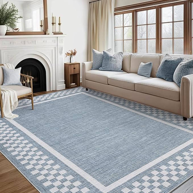 GarveeHome Area Rug 9x12 Living Room Rug Modern Bordered Soft Large Area Rugs for Bedroom Washable Checkered Dining Room Throw Carpet Non Slip Stain Resistant Geometric Rugs for Home Office, Blue