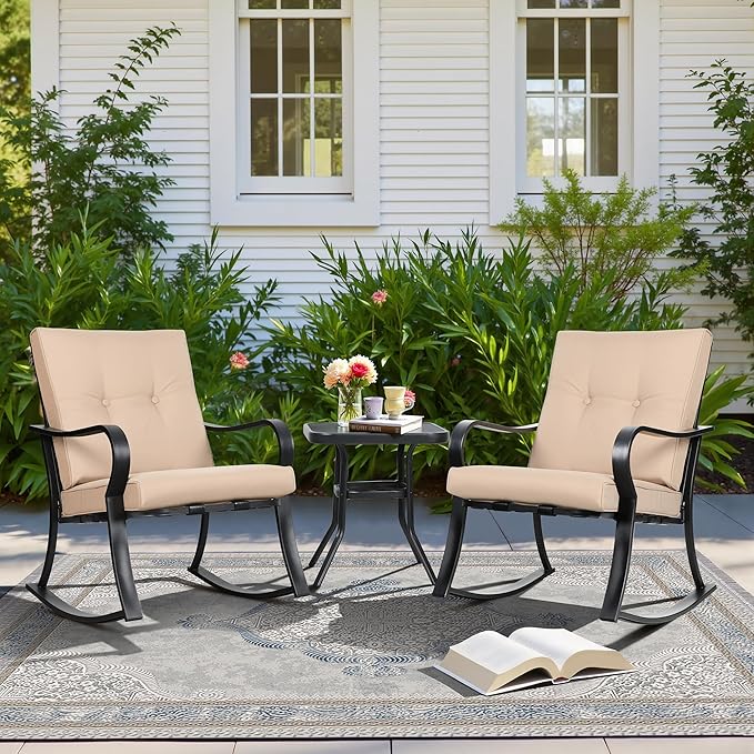 SUNCROWN Outdoor 3-Piece Rocking Chairs Patio Bistro Set Black Steel Furniture with Thickened Cushion and Glass-Top Coffee Table, Brown
