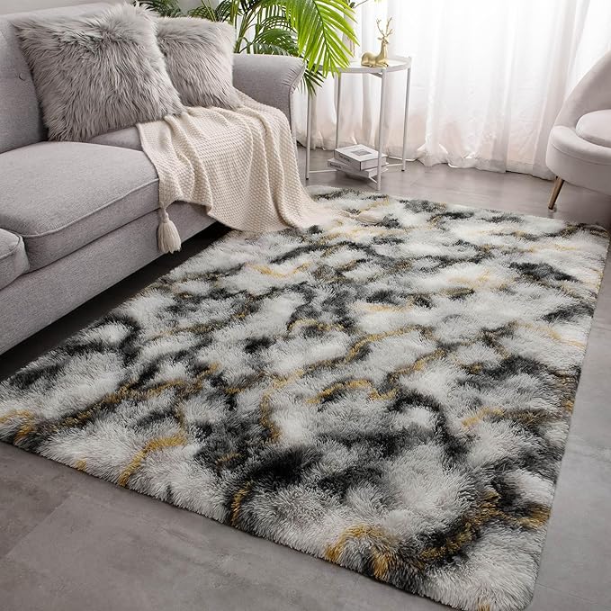 Meralax Tie-Dyed Gold and White Rugs for Living Room Bedroom, 5x8 Soft Area Rug Fluffy Shaggy Bedside Rug, Machine Washable Indoor Floor Carpet for Kids, Dorms, Nursery Rooms, Home Decor Aesthetic