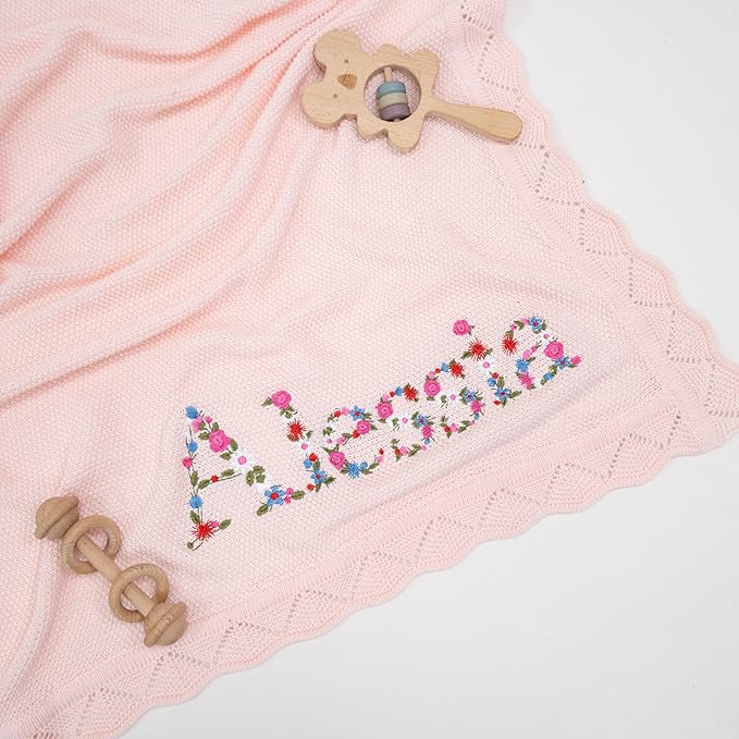 Personalized Floral Embroidered Name Blanket – Soft Cotton Knit Newborn Blanket, Custom Keepsake Gift, Cozy Cover for Girls, Unique Shower Present