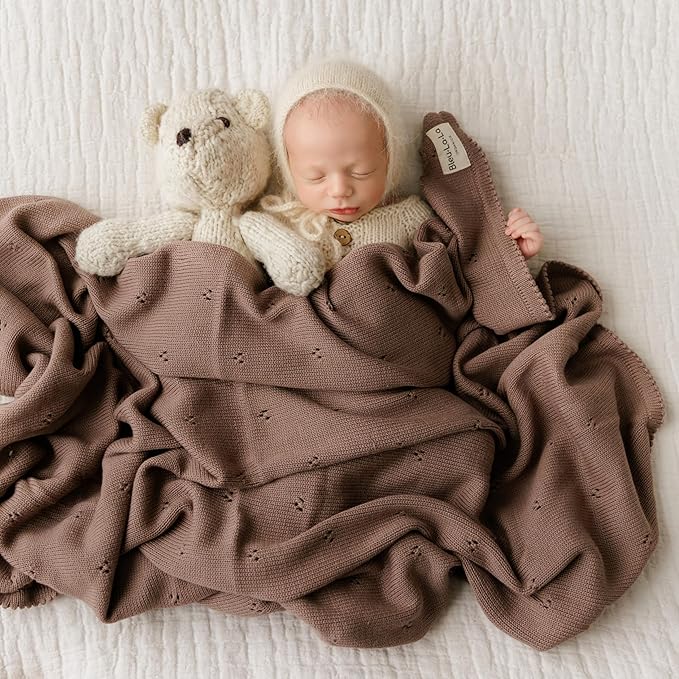 Organic Unisex Pointelle Receiving Swaddle Blanket for Boys & Girls - 100% Luxury Organic Soft Cotton Knit Warm Cozy Cuddle Stroller Blanket for Newborns, Infants, & Toddlers (Mocha)