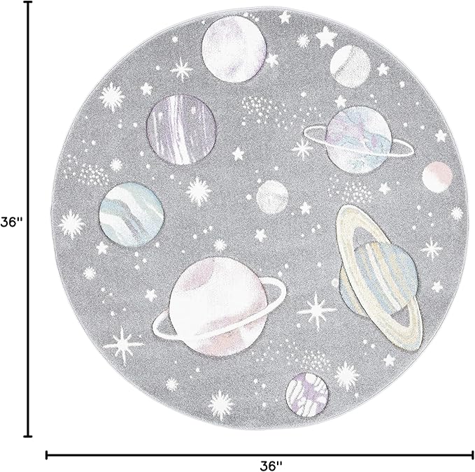 SAFAVIEH Carousel Kids Collection 3' Round Grey/Lavender CRK103F Outer Space Non-Shedding Playroom Nursery Bedroom Area Rug