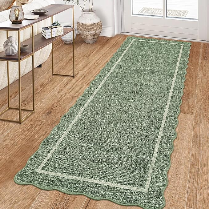 GarveeHome Scalloped Runner Rug for Hallway 2x10 Kitchen Rugs Non Slip Washable Modern Entryway Rug Farmhouse Soft Bathroom Rugs Stain Resistant Carpet for Hallway Laundry Bedroom 2'x6' Greyish Green