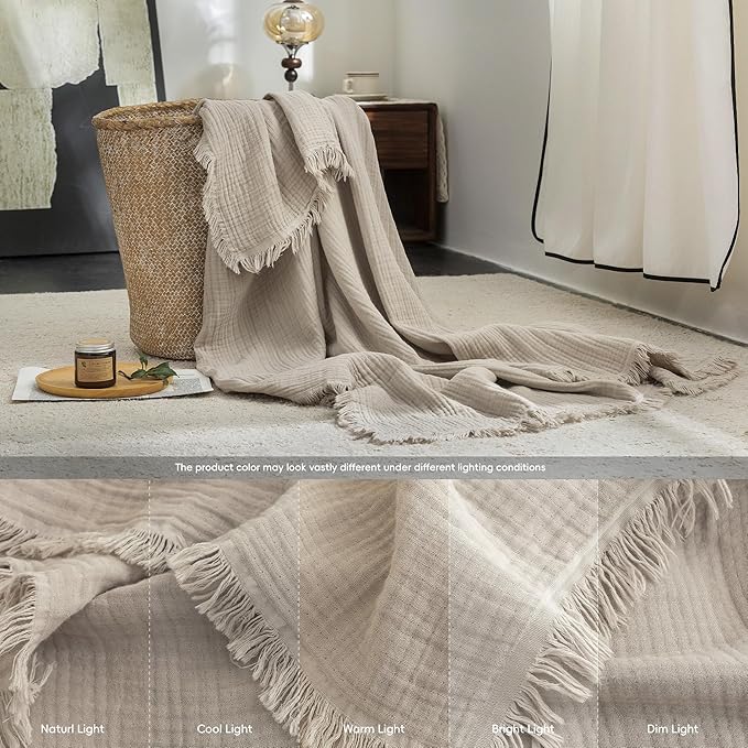 FOSSA Muslin Blanket with Fringe - 4-Layer 100% Cotton Gauze Super Soft & Breathable Throw -Lightweight Decorative Cooling Blanket for Bed, Sofa, Office (Beige Gray, Queen (90" × 90"))