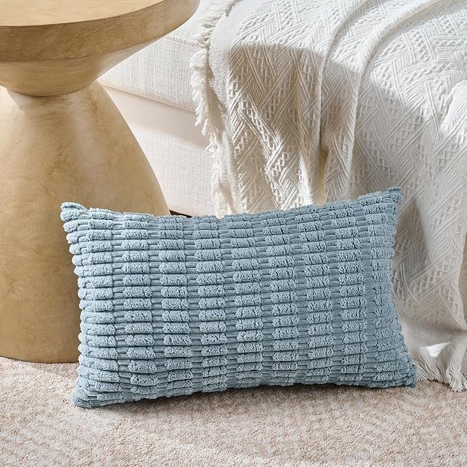Fancy Homi 2 Packs Boho Light Blue Decorative Throw Pillow Covers 12x20 Inch for Couch Bed Sofa, Rustic Modern Farmhouse Home Decor, Soft Plush Corduroy Cute Rectangle Cushion Case 30x50 cm