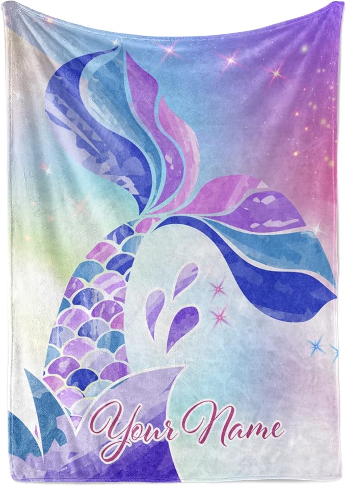 Personalized Mermaid Fleece Blanket - Ships Next Day, Made in USA - Custom, Soft, & Plush, Couch Bed Throw for Kids, Girls Bedroom Décor, Pink & Purple (Fleece – 60x80)