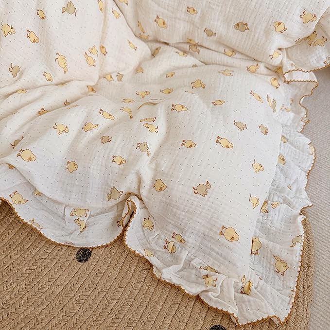 AOJIM Kids Muslin Cotton Duvet Cover with Little Yellow Duck, 1pc Super Soft Toddler Comforter Cover 2-layer Gauze, Ruffled Design Kids Duvet Protector for Girls Boys (59X79''), No Quilt or Pillowcase