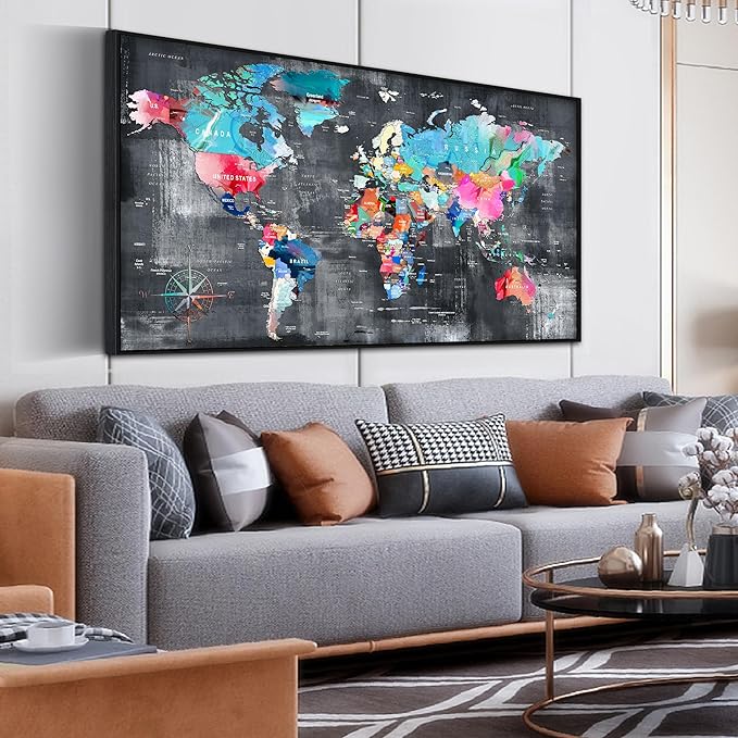 ZHAOSHOP World Map Canvas Wall Art with Frame - Office Artwork Wall Decor - Teal and Gray Wall Art for Living Room Large Size Ready to Hang Size 29" x 59"