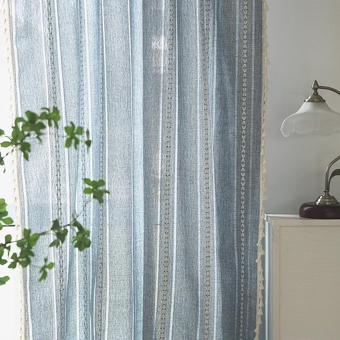 Deeprove Boho Curtains 108 Inches Long for Bedroom Living Room Patio, Bohemian Embroidery Cotton Linen French Country Window Treatment Tassel Drape Light Filter, W52 x L108 1 Panel, Denim Blue