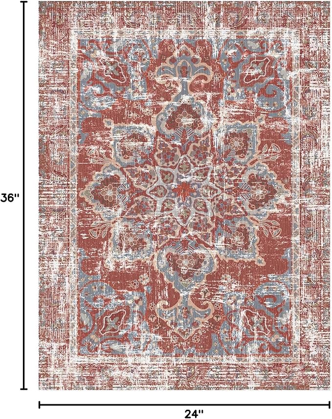 Vhong Vintage Area Rugs Boho Washable Neutral Modern Brick Red Burgundy 2x3 Non Slip Small Carpet for Hallway Bathroom Entryway