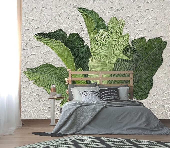 XMPMBM-Hand-Painted Banana Leaf Art Fabric Wallpaper Graffiti Green Leaf Living Room Bedroom Bathroom Wall Mural-W 154" X H 105"（112 Square Foot）