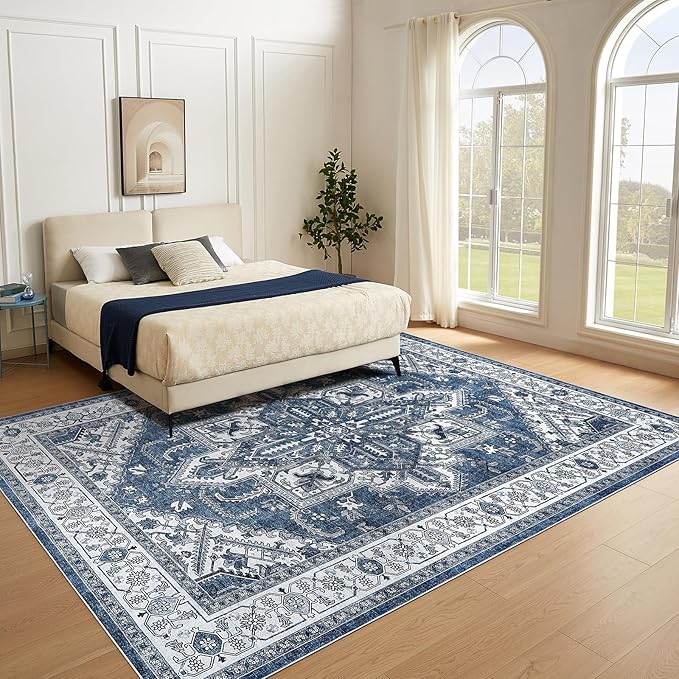 WITSHOCK Living Room Area Rugs 9x12: Washable Rug Boho Soft Non-Slip Low Pile Stain Resistant Foldable Carpet for Bedroom Playroom Dining Room Office Kitchen Farmhouse Home Decor Rug-Blue