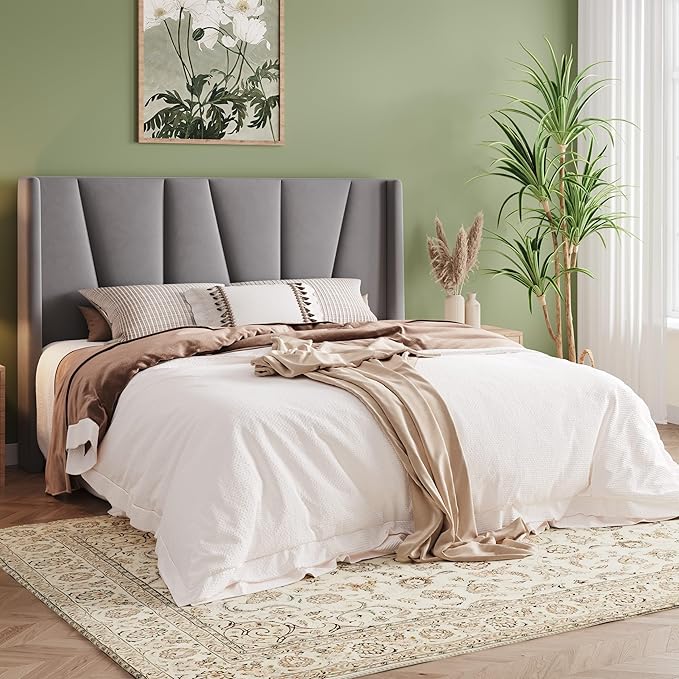 Allewie Full Size Platform Velvet Bed Frame with Geometric Wingback Headboard, Boho Upholstered Bed with Wooden Slats Support, No Box Spring Needed, Easy Assembly, Light Grey