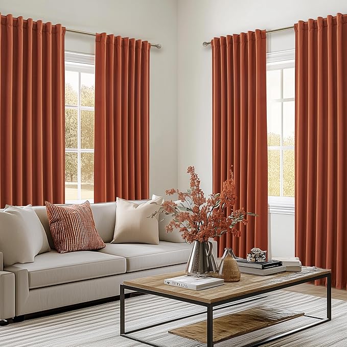 Fall Burnt Orange Curtains Blackout 90 Inches Long 2 Panels Set,Terracotta Autumn Color Decor Retro for Living Room/Bedroom Antique Copper Rust Boho 70s Window Pleated Linen Drapes Thermal (W50"xL90")