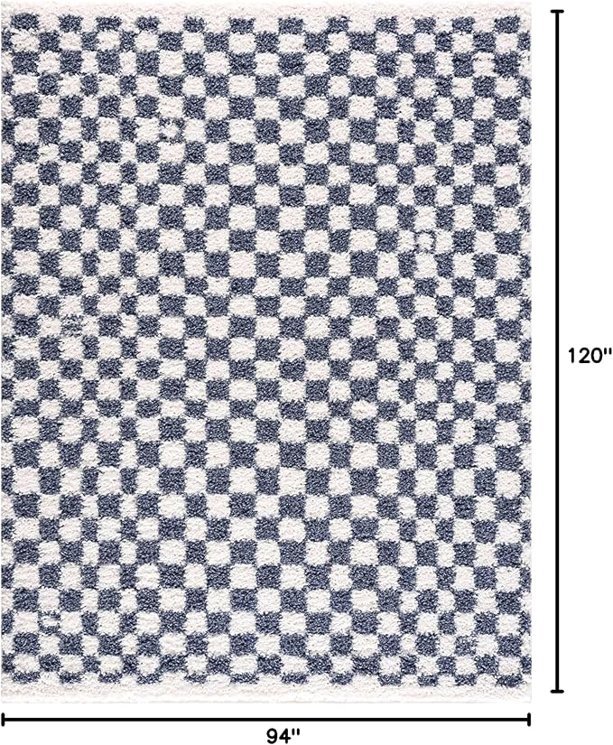 Hauteloom Kieu Contemporary Checkered Fluffy Shag Area Rug - Modern Geometric Soft Carpet Tiles for Living Room, Kids Room, Nursery - Blue, White - 7'10" x 10'