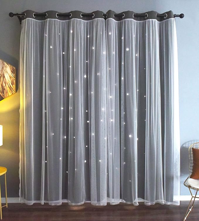 Kinryb Kids Blackout Curtains for Bedroom/Living Room/Classroom, Sheer Overlay Extra Long 2 Panel Set, Double Layer Curtains with Star Cutout for Kids Room(W 52 x L 108 Inches,Grey 2 Pcs)