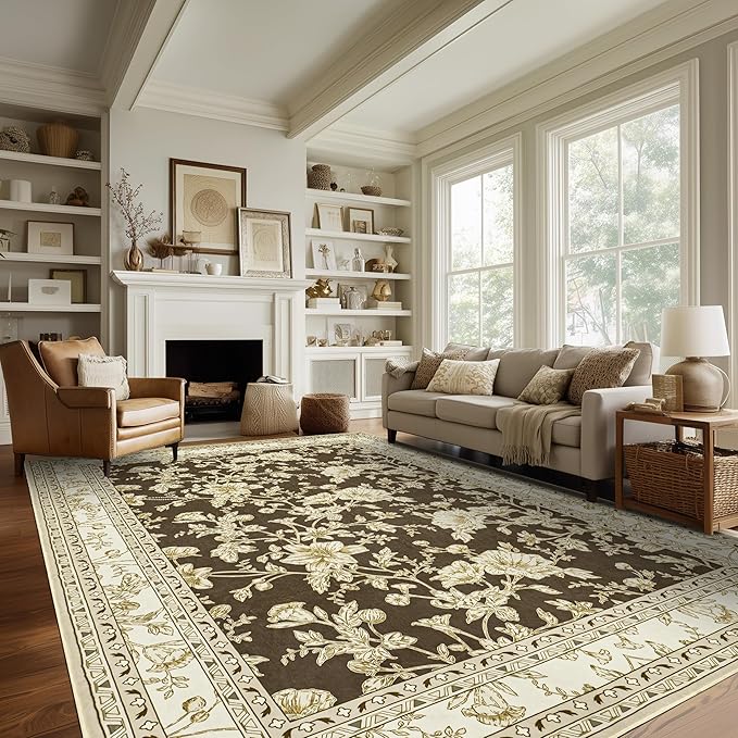 Brown Floral Print Area Rugs for Bedroom Living Room Boho Farmhouse Country Rustic Dining Room Carpet Soft Washable Rugs Non Slip Floor Covering for Nursery Playroom 10x14