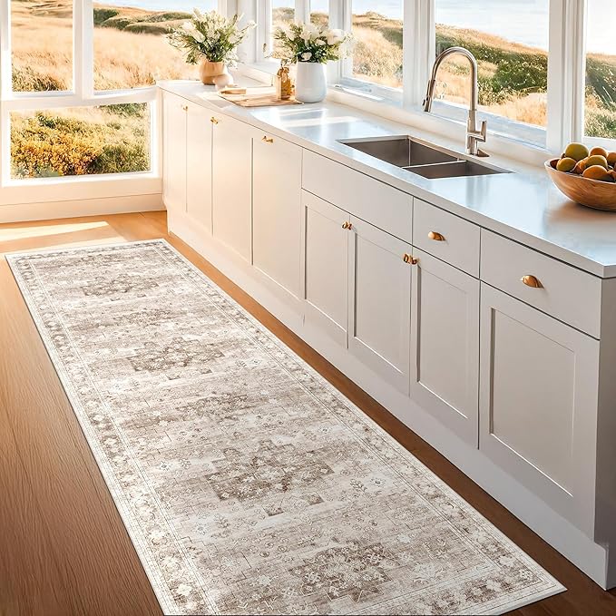 Beige Washable 2'6"x10' Extra Long Runner Rugs for Hallways, Non Slip Indoor Floor Mats for Entryway, Stain Resistant Long Floor Rug, Neutral Boho Floral Decor (2'6"x10' Beige/Latte)