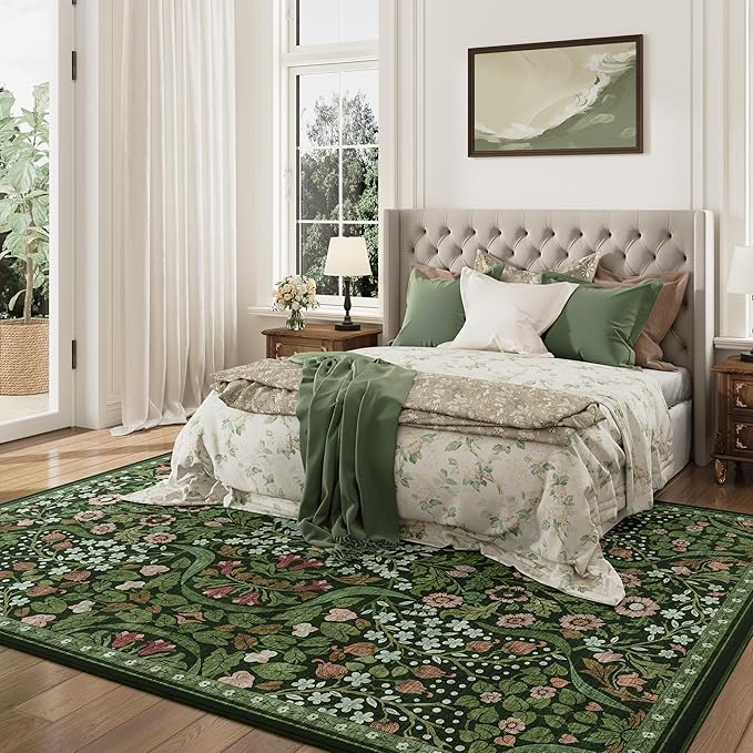 9x12 Green Floral Washable Area Rug for Living Room, Non-Slip Soft Vintage Boho Carpet, Botanical Forest Green Low Pile Rugs for Bedroom, Dinning Room, Home Office, Dorm, Nursery, Dark Green