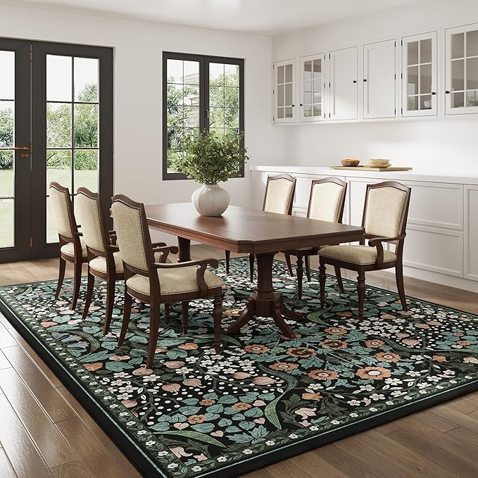 9x12 Green Floral Washable Area Rug for Living Room, Non-Slip Soft Vintage Boho Carpet, Botanical Forest Green Low Pile Rugs for Bedroom, Dinning Room, Dorm, Nursery, Black and Green