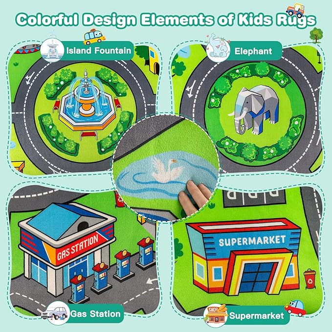 Road Car Rug, 5x7 Ft City Road Rug for Kids, Extra Thick (0.4in) Kids Play Rug Mat and Car Carpet with Realistic Colors - Perfect for Children, Soft and Non-Slip for Playroom and Bedroom