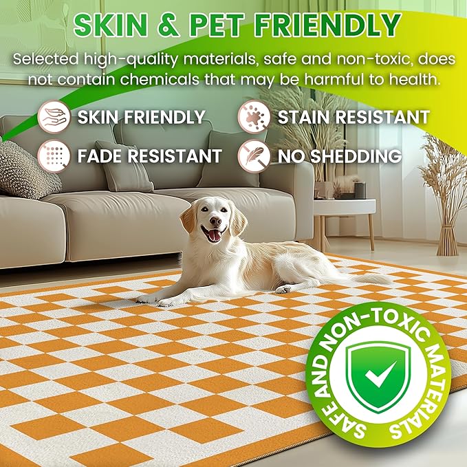 Washable 4x6 Checkered Area Rug for Living Room, Orange Checkerboard Modern Boho Large Rugs, Ultra Thin Low Pile Lightweight Indoor Carpet with Non-Slip Backing for Bedroom Kids Nursery Play Room