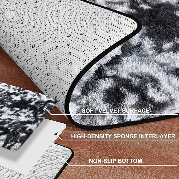 Merelax Soft Area Rugs for Livingroom Bedroom, Shaggy Plush Fuzzy Fluffy Carpet Furry Fur Rug, Modern Indoor Comfy Nursery Kids Dorm Home Decor Floor Mat, 4 x 6 ft, Tie-Dyed Black & White
