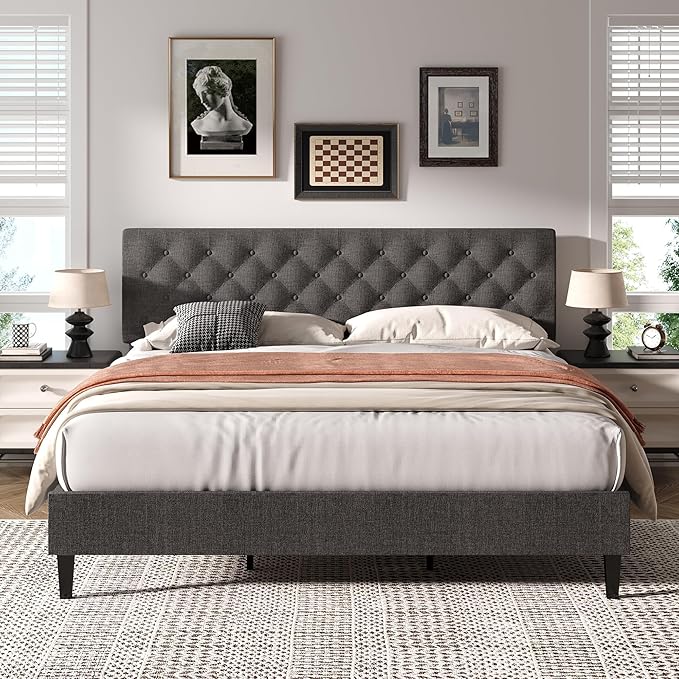 BarnFurin King Size Platform Bed Frame, Fabric Upholstered Bed with Button Tufted Headboard, Adjustable Headboard Design, Easy Assembly, No Box Spring Required, Light Grey