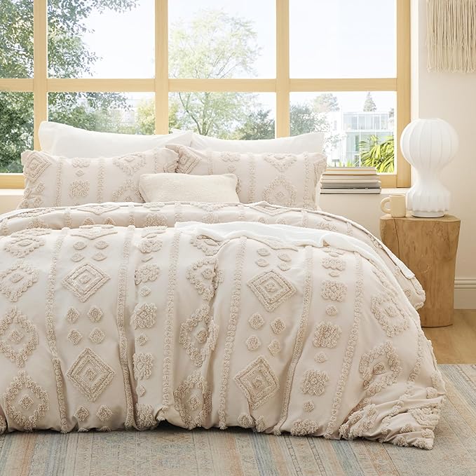 Bedsure Boho Duvet Cover Queen Size - Beige Tufted Boho Bedding, Farmhouse Shabby Chic Embroidery Bedding for All Seasons, 3 Pieces, 1 Soft Jacquard Queen Comforter Cover and 2 Pillow Shams