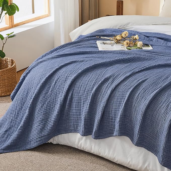 EMME Cotton Muslin Large Throw Blanket Couch Breathable Gauze Soft Lightweight Bed Blankets Adults (Heather Navy, 50"x70")