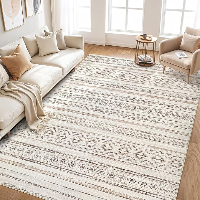 Area Rugs for Living Room Washable Living Room Rug Soft Neutral Indoor Floor Carpet Non-Slip Stain Resistant Modern Boho Rugs for Bedroom Dining Room Kids Room Nursery Office Home Cream Brown