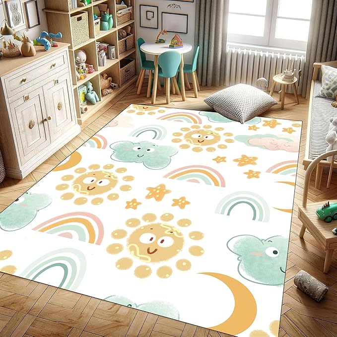 Cute Fluffy Kids Rugs Girls Bedroom Rainbow Rugs Living Room Colorful Floor Mats Soft Washable Non-Slip Rugs Smiling Sun White Cloud Patterns Kids Room Nursery Decoration 2x4ft