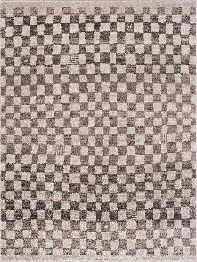Hauteloom Benjy Living Room, Checkered Bedroom Area Rug - Farmhouse - Cream, Charcoal - 7'10" x 10'