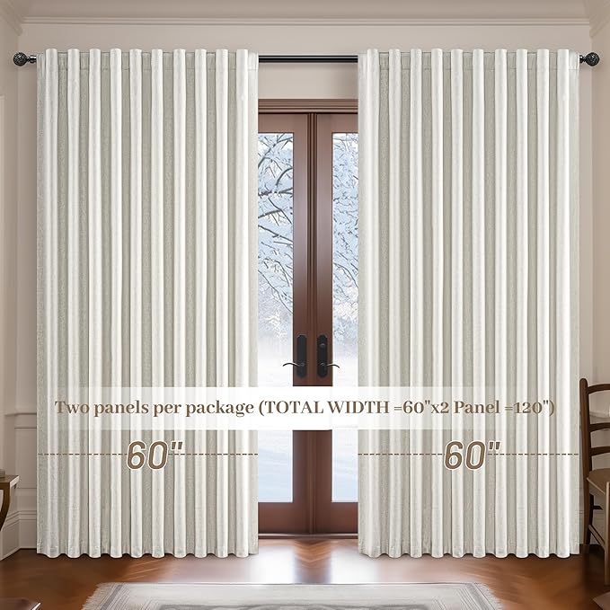 Birch Blackout Curtains 60 Inches Extra Wide Cute Linen 90 Inch Length for Nursery,Boho Pleated Bedroom Cream Beige Large Window Thermal Heavy Drapes for Winter Energy Efficient (60"W x 90"L 2 Panels)