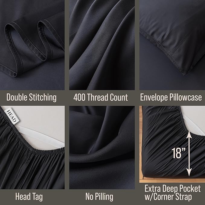 Bella Coterie 7 Piece Luxury Bamboo Viscose Split King Size Sheet Set | 2 Fitted Sheets for Adjustable Beds | 100% Organically Grown | Cooling for Hot Sleepers | 4 Pillowcases [Black]