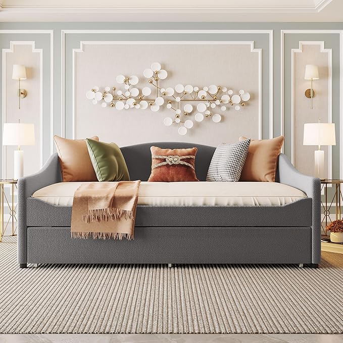 Merax Full Size Upholstered Daybed with Light and Trundle, Gray Teddy Fleece Sofa Bed Modern Wooden Platform Bed Frame for Bedroom, Living Room, Guest Room, Apartment