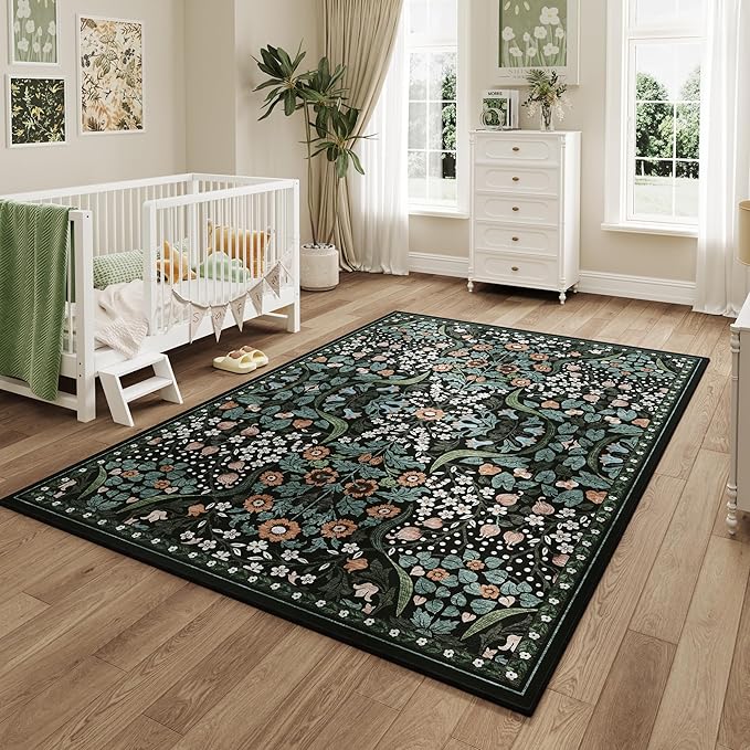 5x7 Green Floral Washable Area Rug for Living Room, Non-Slip Soft Vintage Boho Carpet, Botanical Forest Green Low Pile Rugs for Bedroom, Dinning Room, Dorm, Nursery, Black and Green