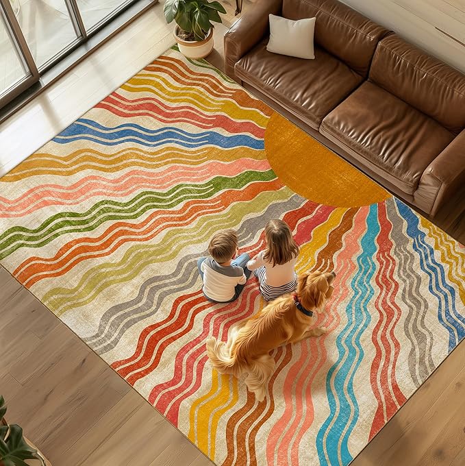 Washable 8x10 Sun Area Rug for Living Room, Rainbow Sun Modern Retro Large Area Rugs, Ultra Thin Low Pile Lightweight Soft Indoor Floor Carpet with Non-Slip Backing for Bedroom Kids Nursery Play Room