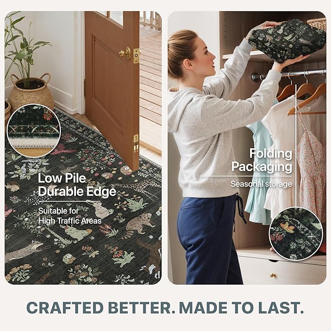 Rugs for Living Room 5x7 Floral Animal Print Area Rug Machine Washable Rug, Non Slip Low Pile Carpet for Bedroom, Entryway, Dark Green