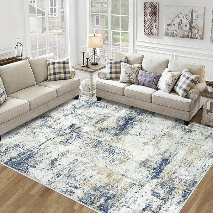 8x10 Area Rugs for Living Room Bedroom: Abstract Washable Rug with Anti-Slip Backing Non-Shedding Stain-Resistant Soft Large Carpet for Dining Room Nursery Hallway Indoor Home Office Blue Brown
