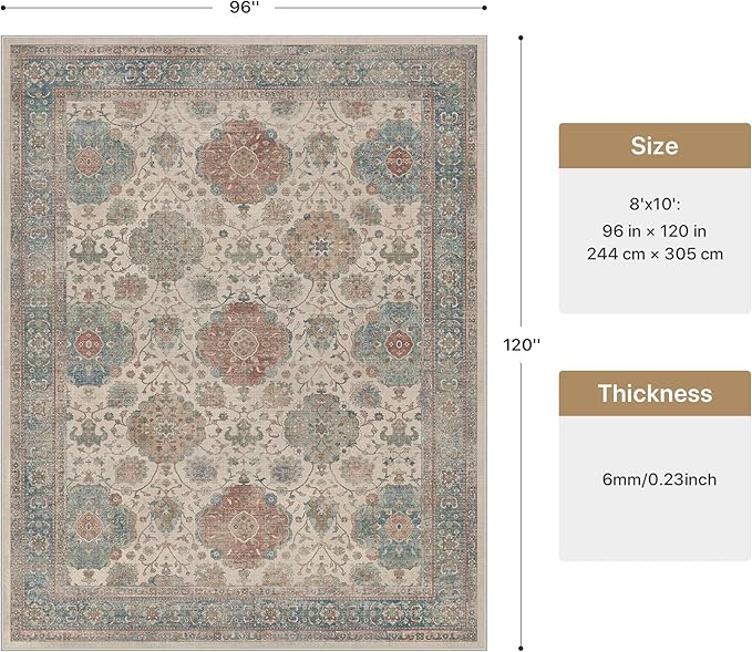 GENIMO Area Rugs 8x10 Clearance, Boho Living Room Rug with Non-Slip Backing, Machine Washable Low Pile Indoor Carpet for Bedroom, Dining Room, Nursery Room, Teal&Red